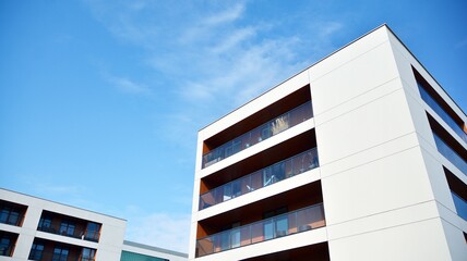 Part of city real estate property and condo architecture. Detail in modern residential flat apartment building exterior. Fragment of New luxury house and home complex. 