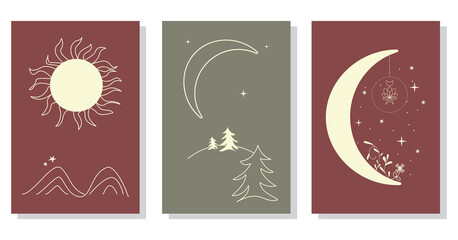 Abstract minimalist aesthetic backgrounds set with sun, moon, mountains, plants. Earth tones, pastel terracotta colors. Boho wall decor. Mid century modern art print. Flat design.
