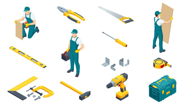 Large set of construction tools. Drill, hammer, hacksaw, tape measure, nippers, pliers, wrench, stapler, roller and repairman or mechanic with a toolbox. Icon set.