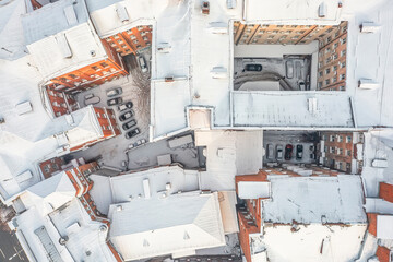 Aerial view to old historical buildings in the center of Kharkiv, Ukraine
