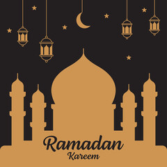 Ramadan kareem silhouette vector design template, mosque, moon, lantern