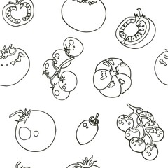 Seamless Tomato pattern in vector illustration. Doodle style. Line art. Paper and textile design, wallpaper. Farming, vegetables, food industry. Cherry Tomatoes and Tomato Slices. Vegetarian menu.