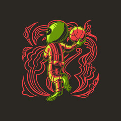 t shirt design basketball by holding the ball in the left hand aliens illustration