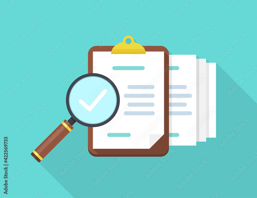 Poster audit documents with magnifying glass and check in a flat design with long shadow