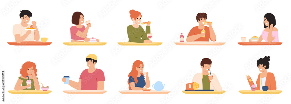 Wall mural eating characters. men and women eating delicious food, characters having lunch. people eating delic