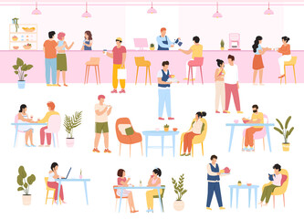 Fototapeta premium Characters in food court. People eating meal in cafe buffet, men and women have lunch together. Eating characters in cafeteria interior vector illustration set