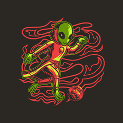 t shirt design playing ball in a dribbling position aliens illustration