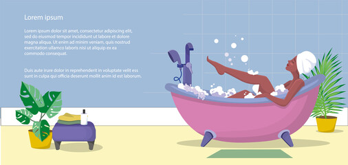 The girl in the bathroom. A girl with a towel on her head takes a bubble bath. Layout, text background, design element, border.