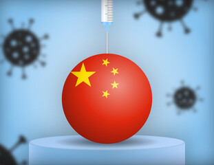 Syringe injecting vaccine into a sphere with the flag of China, on a podium with virus particles in the background. Vector illustration. 