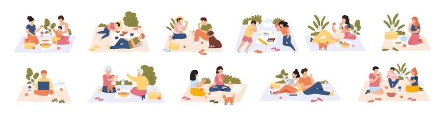 Obraz na płótnie Canvas Picnic in park. Friends and couples at picnic, outdoor nature recreation, people having lunch together. Summer picnic vector illustration set