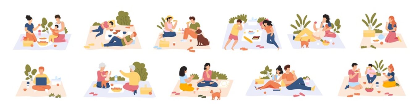 Picnic in park. Friends and couples at picnic, outdoor nature recreation, people having lunch together. Summer picnic vector illustration set