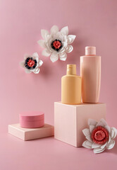 Obraz na płótnie Canvas Сosmetics tubes skin care product on geometric pedestal for branding. Blank unbranded flacons. Mockup. Beauty and spa concept.