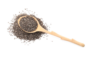 Wooden spoon with chia seeds on white background, top view