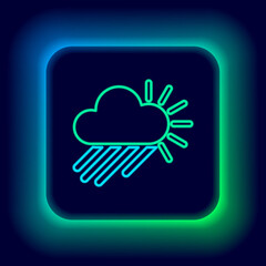 Glowing neon line Cloudy with rain and sun icon isolated on black background. Rain cloud precipitation with rain drops. Colorful outline concept. Vector