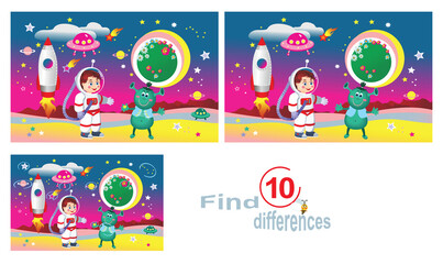 On an unknown planet, an astronaut and an alien meet. Find 10 differences, a children's educational game.