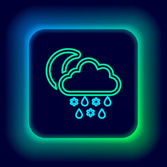 Glowing neon line Cloud with snow, rain and moon icon isolated on black background. Weather icon. Colorful outline concept. Vector