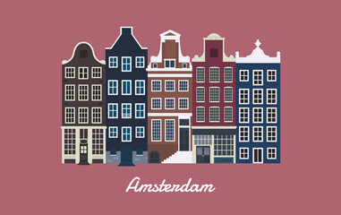 Amsterdam houses. Netherlands. Cute buildings exterior. Vector