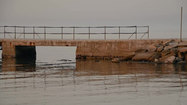 San Simon bay, Slovenia: empty concrete pier in winter. Calm waves at sunset. Beautiful colors at golden hour. Static shot, real time