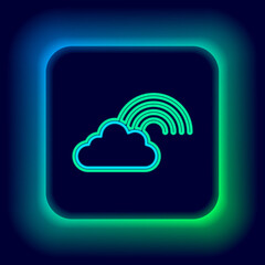 Glowing neon line Rainbow with clouds icon isolated on black background. Colorful outline concept. Vector