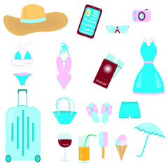 set of accessories for tourism and travel in a feminine style with ice cream, clothes, suitcase and hat in bright blue and pink colors
