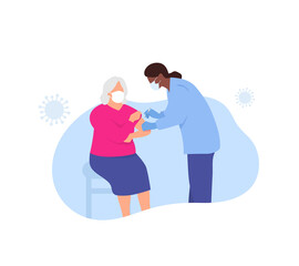 Old woman vaccination. Senior vaccine. Covid-19. Vector