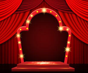 Background with red curtain, podium and retro arch banner. Design for presentation, concert, show