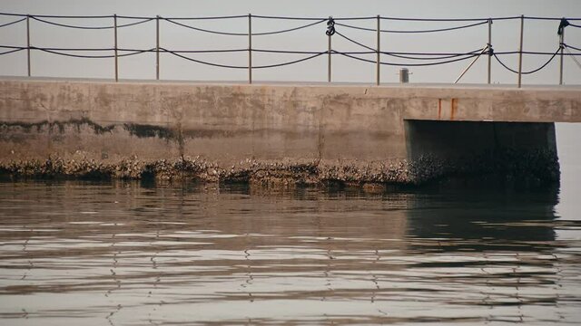 San Simon bay, Slovenia: close up view of empty concrete pier in winter. Calm waves at sunset. Beautiful colors at golden hour. Static shot, real time
