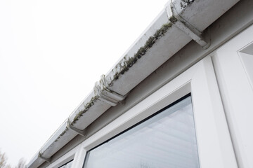 Dirty clogged white plastic pvc gutters and drain pipes with mossy green mould on plastic fascias. ...
