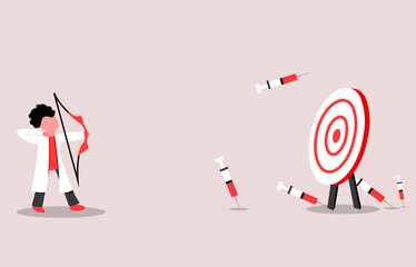 Doctor shooting coronavirus vaccine but it does not achieve its aiming point. This illustration is about the low efficacy or lower efficiency of vaccines 