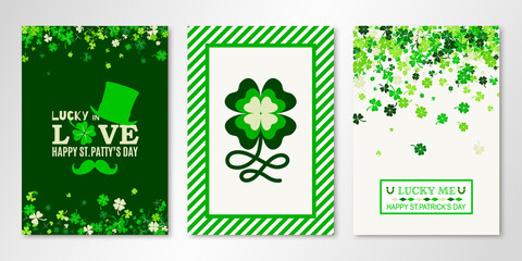 Saint Patrick's Day banners set of three sheets with four leaved greenery clover and shamrock confetti. Vector templates for invitations, greeting cards, certificates. All isolated, layered