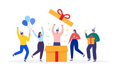 Birthday Party. People celebrating. Surprise. Gift box. Vector