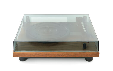 Modern vinyl record turntable isolated on white