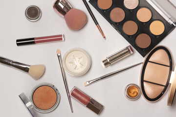 Top view on makeup products. Closeup shot