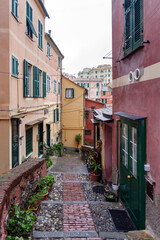 Narrow street in Boccadasse ancient village, Genoa, Italy