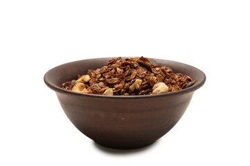 Chocolate granola cereal with nuts in a bowl background.