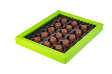 Chocolate sweets candy in green paper box isolated on the white background