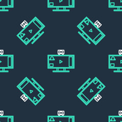 Line Live streaming online videogame play icon isolated seamless pattern on black background. Vector