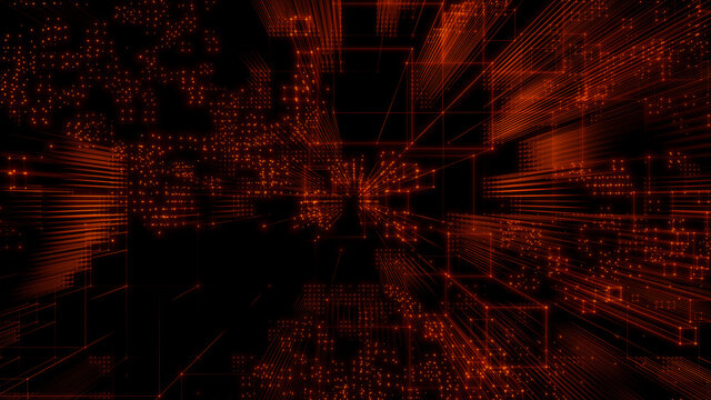 Futuristic, Orange Digital Grid background. Network Tech Wallpaper. 3D Render 
