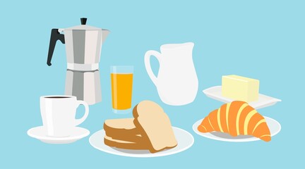 Breakfast with Toasts, Coffee Mug, Italian Coffee Machine, Butter with Plate, Orange Juice Glass, Croissant and Milk Jar. Vector Illustration Isolated.