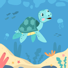 Cute turtle swimming in ocean and smiling. Jellyfish, coral, sea flat vector illustration. Animals and underwater wildlife concept for banner, website design or landing web page