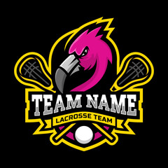Flamingo mascot for a lacrosse team logo. Vector illustration.