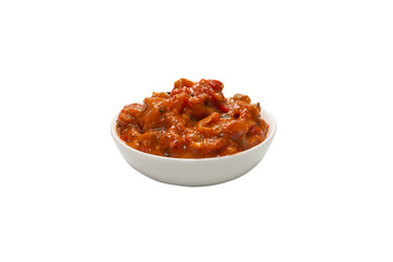 Vegetable stew in a bowl isolated on white background.