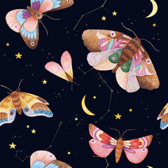 Seamless watercolor pattern with moths in the night starry sky. Night butterfly. Design for card, fabric, print, greeting, cloth, poster, clothes, textile. Hand drawn decor decoration.