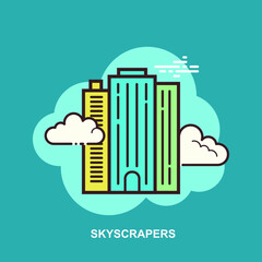 Skyscrapers buildings with white clouds on blue sky flat concept design