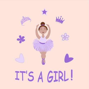 vector image of a little ballerina girl in a lilac tutu and the inscription it's a girl with a decor