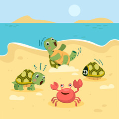 Obraz premium Funny little turtles playing on sea beach with crab. Shell, sand, weekend flat vector illustration. Animals and summer activity concept for banner, website design or landing web page