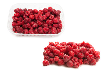 Raspberry in plastic container isolated on white background.
