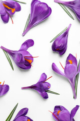 Obraz na płótnie Canvas Beautiful Saffron crocus flowers on white background, flat lay