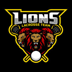 three lions mascot for a lacrosse team logo. school, college or league. Vector illustration.