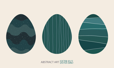 Simple easter egg icons. Vectored, flat style illustration, abstract hand drawn and muted colors. 3 set eggs with lined strokes and geometric elements. Colored in blue, turquoise and green gradients.